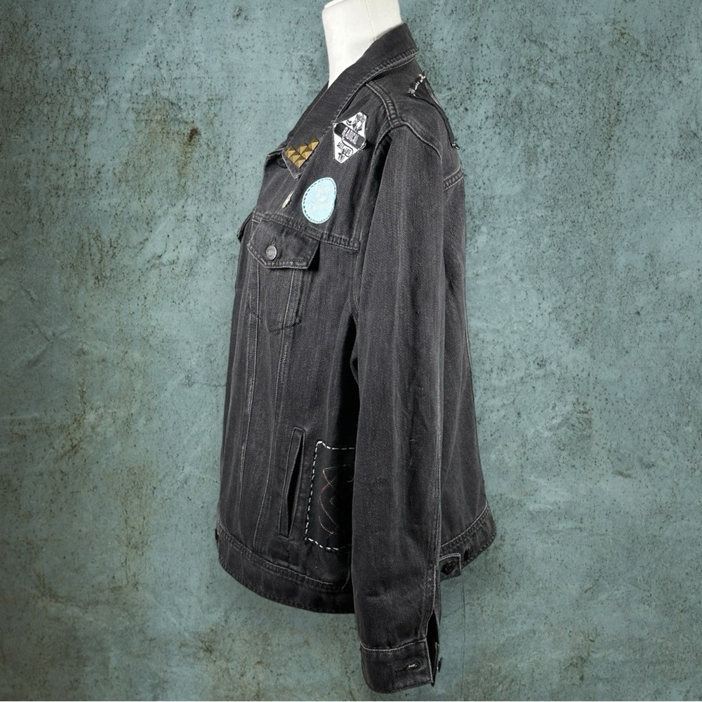 SOLD Punk rock custom denim patch pin black wash jacket self love rebel studs XL - Picture 7 of 13